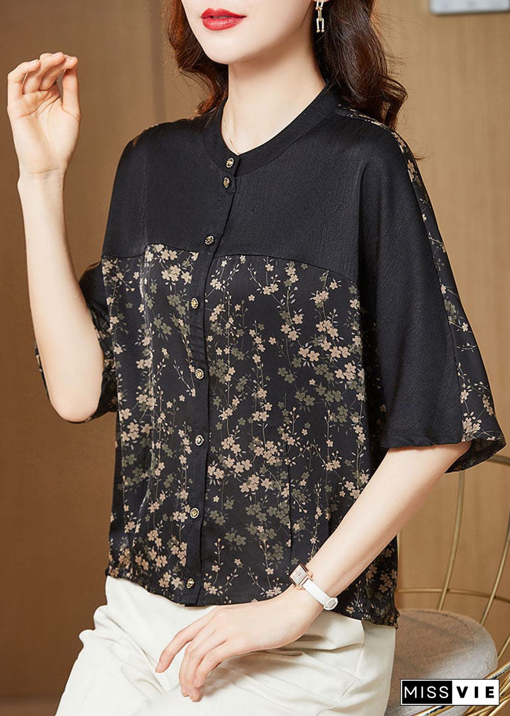 Modern Black O-Neck Patchwork Print Silk Shirt Tops Half Sleeve