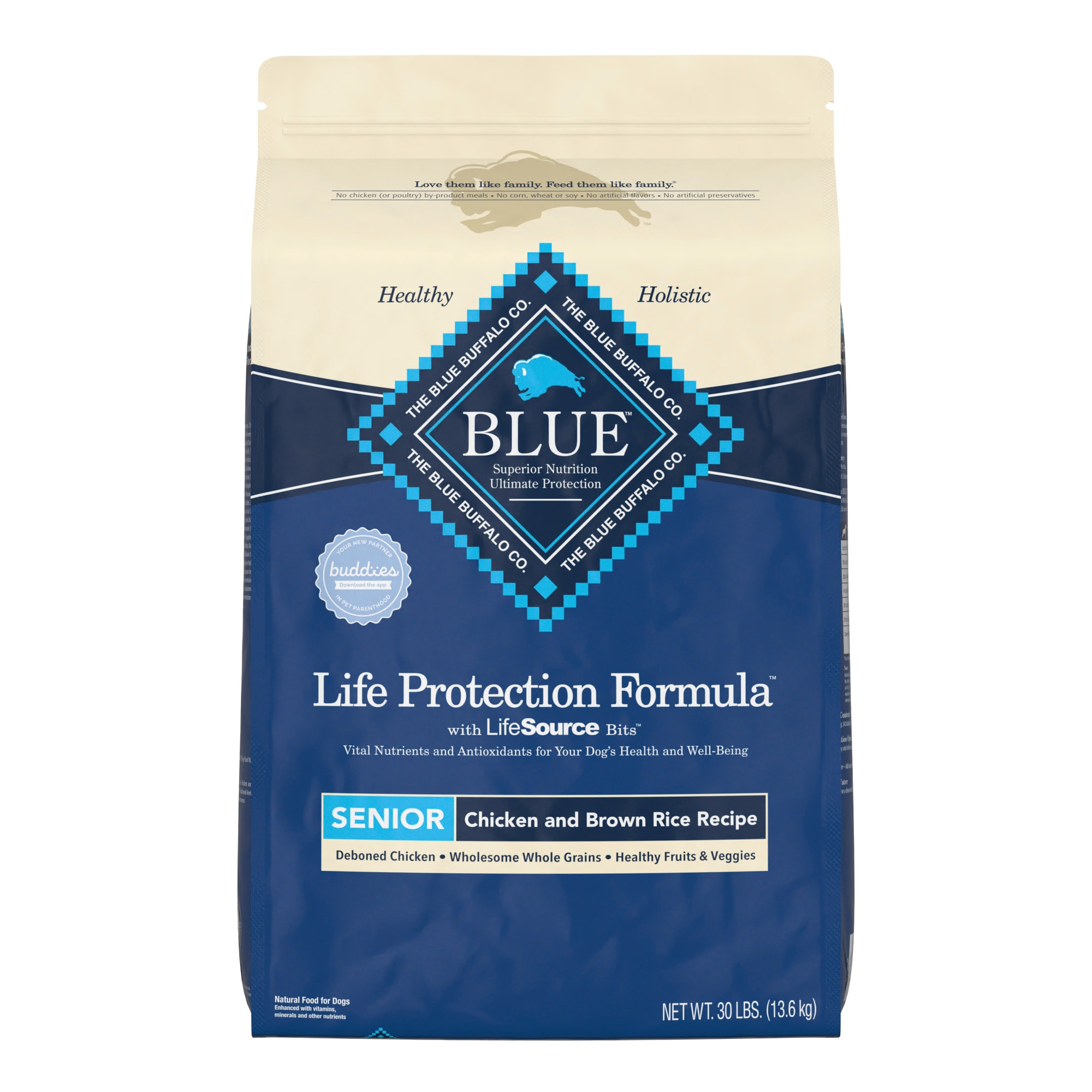 Blue Buffalo Blue Life Protection Formula Natural Chicken and Brown Rice Flavor Dry Food for Senior Dogs， 30 lbs.