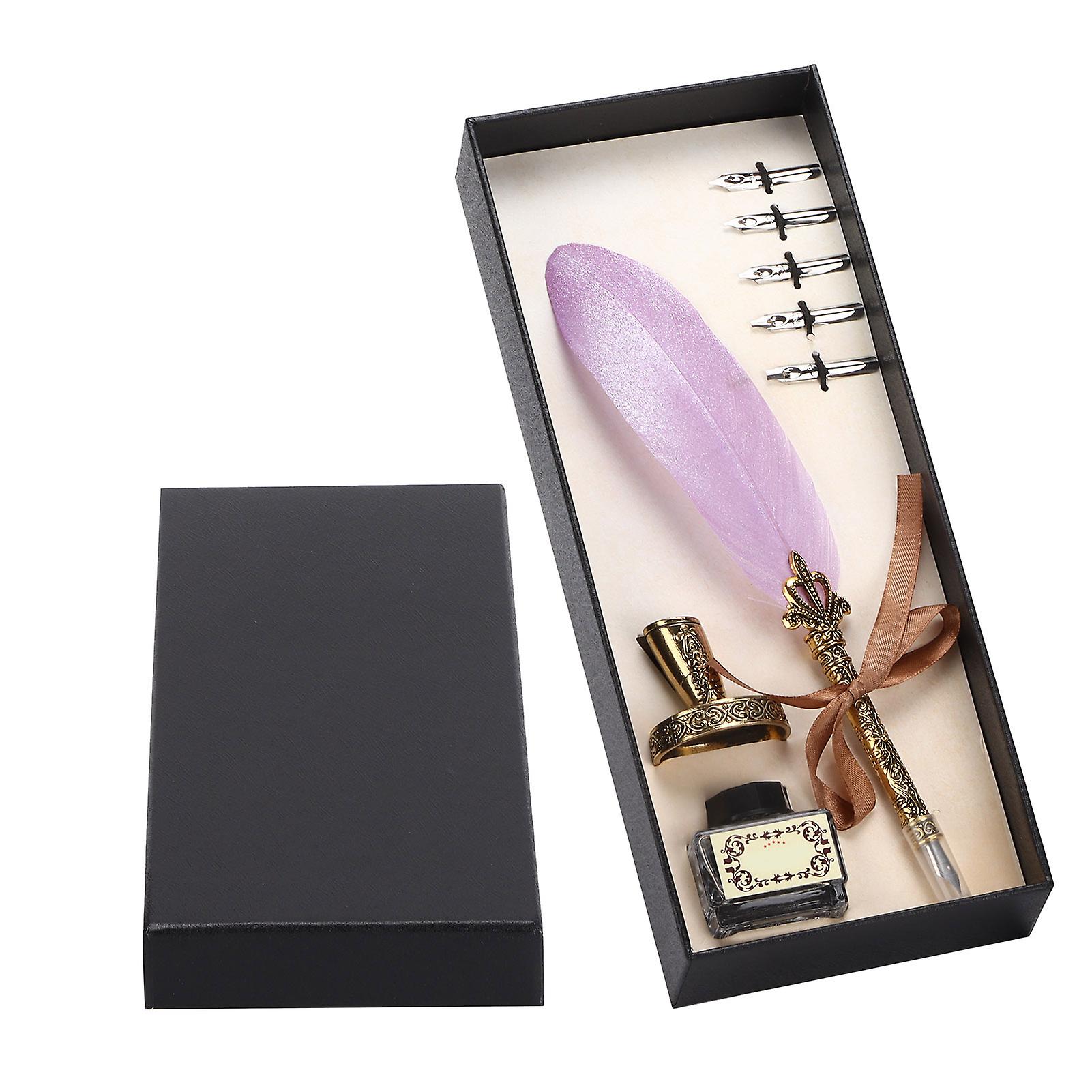 Feather Pen Set Vintage Ink Carved Metal Pen Writing Suit For Business Gift Table Decorationlight Purple