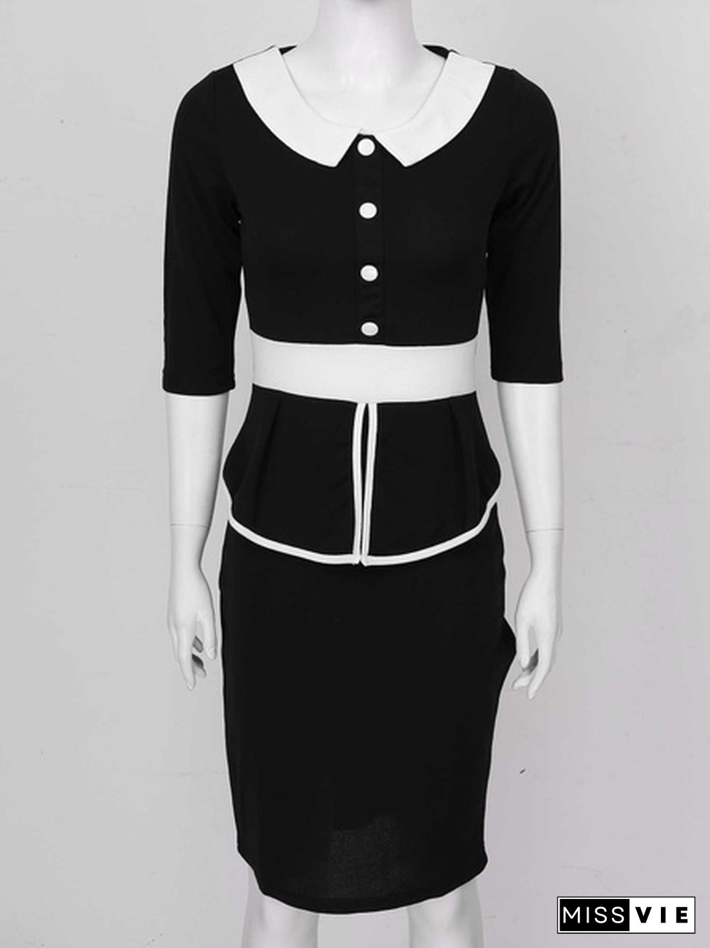 Office Ladies Attire Work Office Dresses One-Piece Round Ruffle Lapel Collar 3/4 Sleeve Slim Bodycon Pencil Outfits