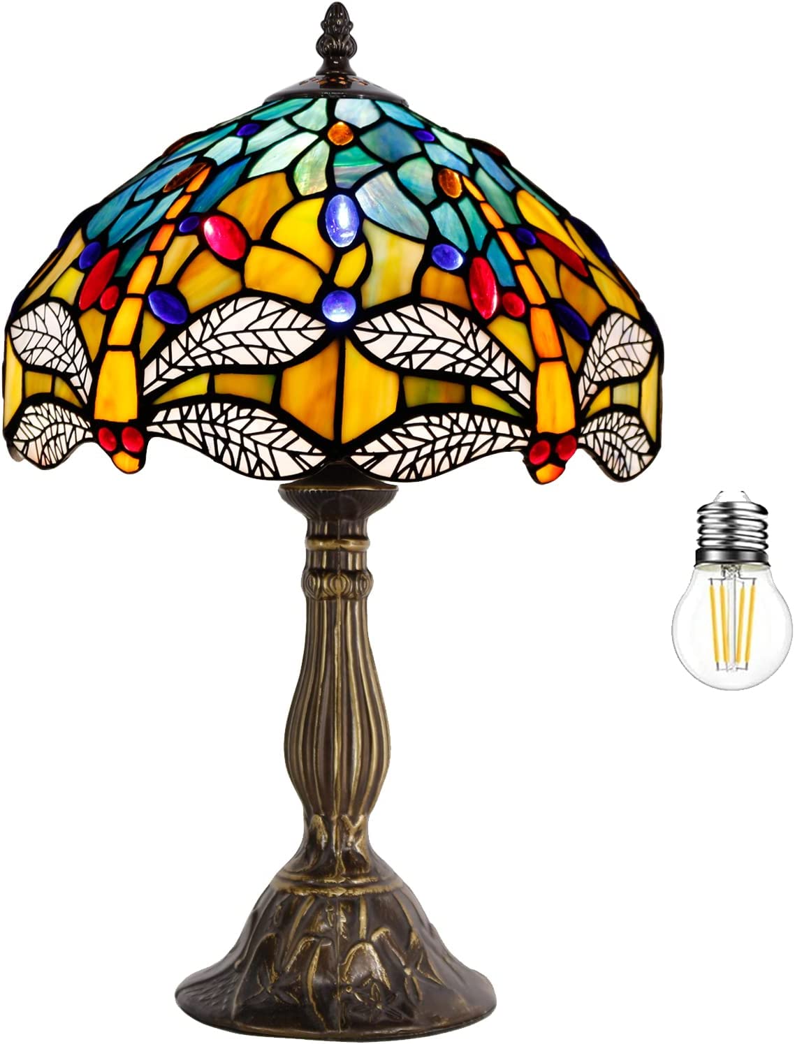 SHADY Tiffany Lamp Sea Blue Yellow Stained Glass Dragonfly Style Table Lamp Nautical Reading Desk Bedside Light 12X12X18 Inches Decor Bedroom Living Room Home Office S128 Series