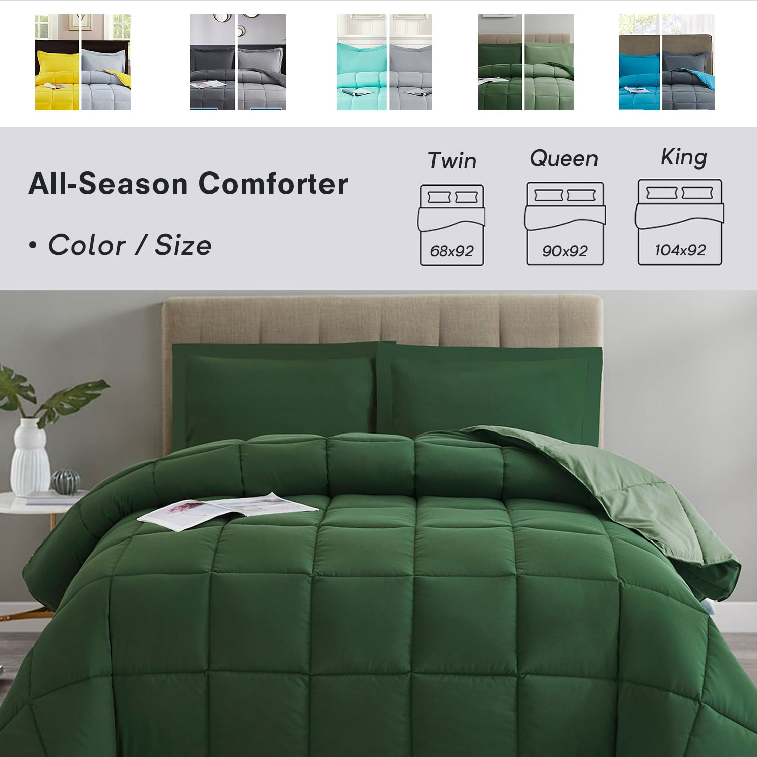 BednLinens 3 Piece Reversible Green Down Alternative Comforter Set Queen