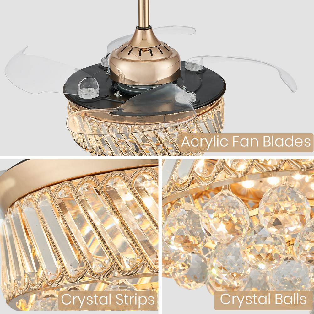 ANTOINE 36 in. Modern Indoor Retractable Blade Ceiling Fan with LED Light and Remote Control Gold Crystal Ceiling Fan Light HD-FSD-01