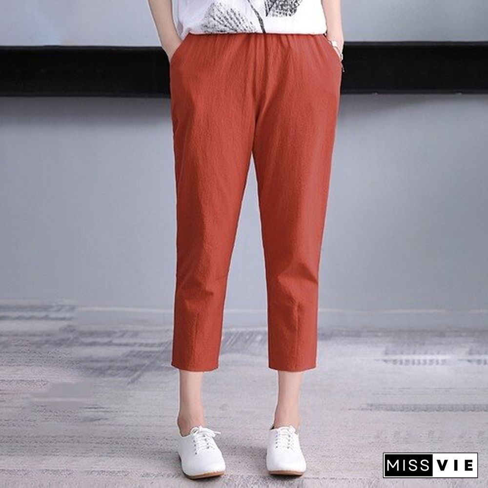 Women's Harem Pants Summer Vintage Cotton Linen Capri Pants Female Casual Loose Plus Size Ankle Length Mom Pant Woman Trousers