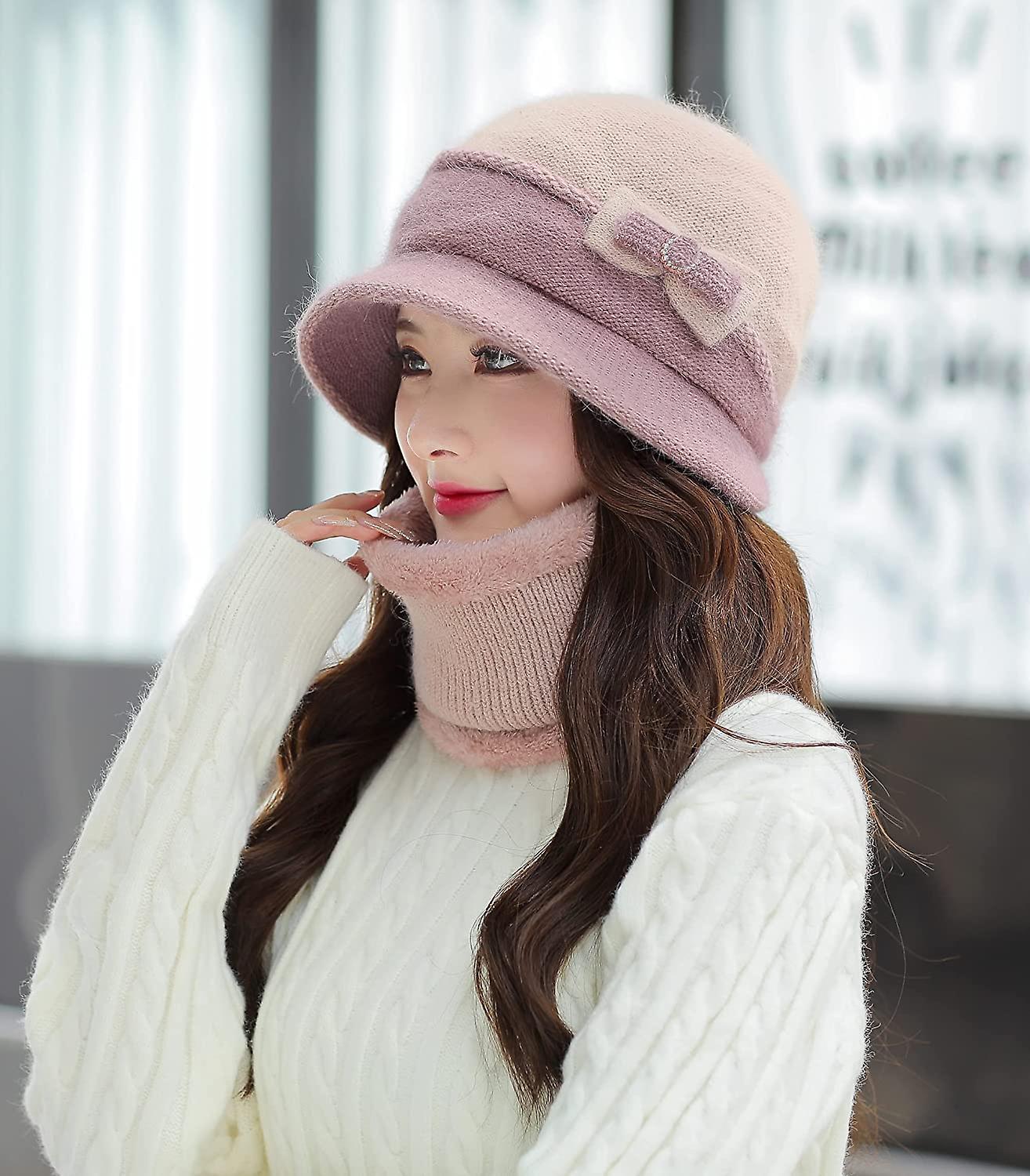 Women Winter Beanie Hat Peruvian Circle Scarf Set Ski Ear Flaps Caps Dual Layered Fleece Lined Pompoms B2-m1335-oufen -