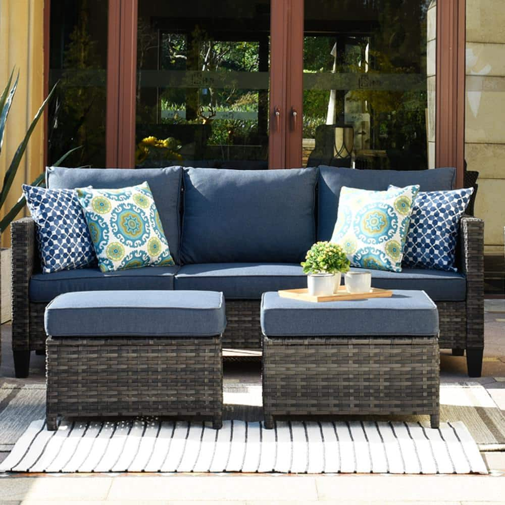 OVIOS New Vultros Gray 7-Piece Wicker Outdoor Patio Conversation Seating Set with Blue Cushions GRS3027