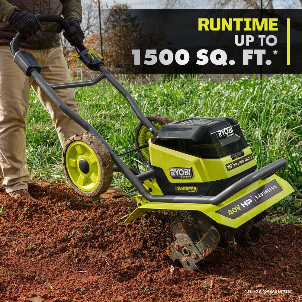 RYOBI 40V HP Brushless 16 in. Front Tine Tiller with Adjustable Tilling Width with 6.0 Ah Battery and Quick Charger RY40730