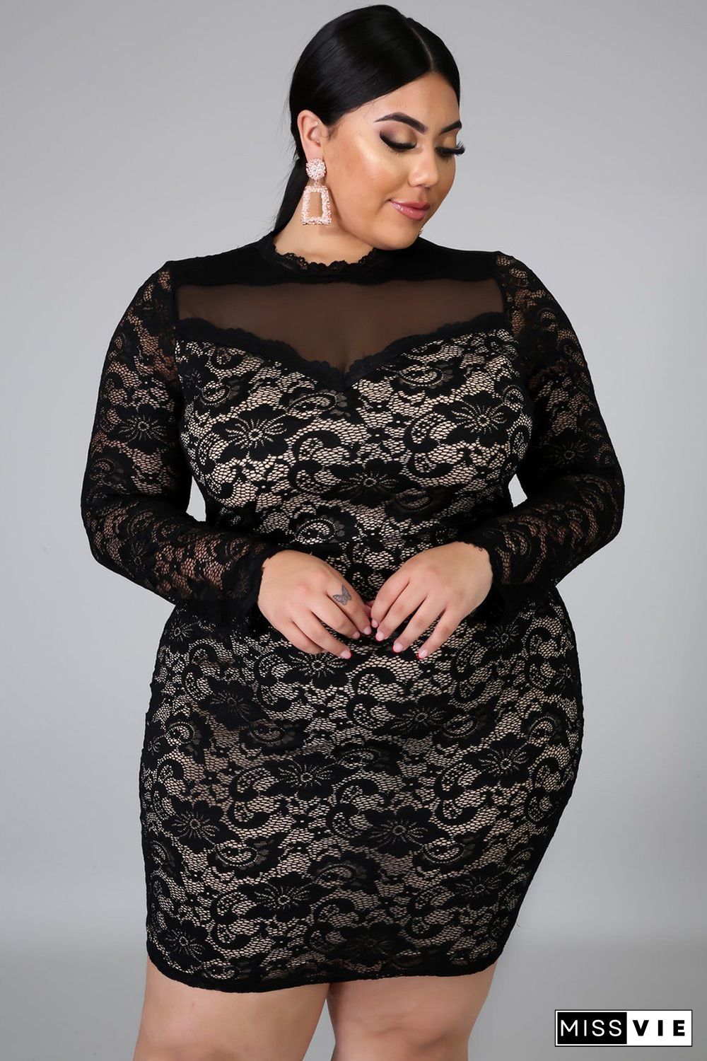 Black Long Sleeve Lace Mesh Splicing Floral Plus Size Dress