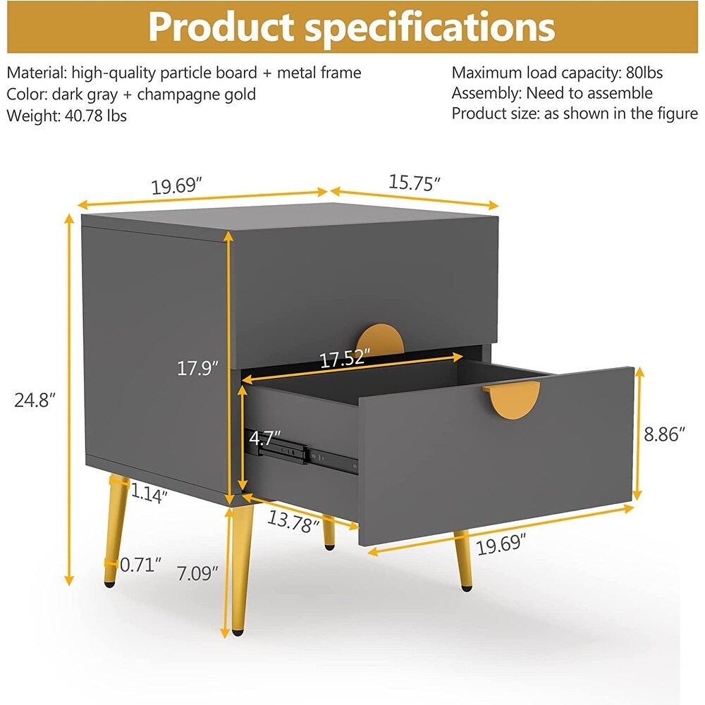 Dark Grey Wood Modern Nightstand with 2 Drawers  White/ Gold Mid century Contemporary Bedside Table with Storage