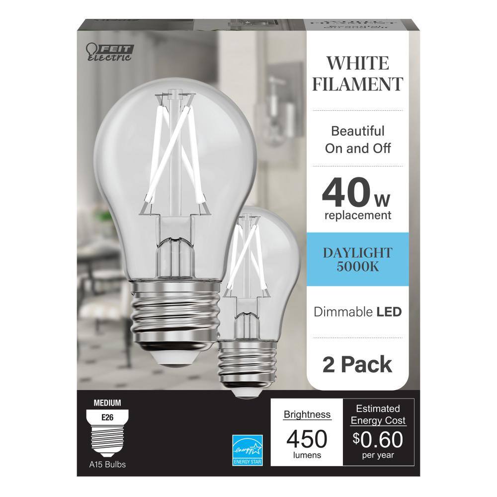 Feit Electric 40-Watt Equivalent A15 Dimmable White Filament CEC Clear Glass LED Ceiling Fan Light Bulb Daylight 5000K (2-Pack) A1540950CAWFILHDRP2