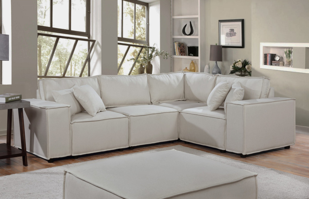 Lilola Home Melrose Modular Sectional Sofa With Ottoman  Beige Linen   Transitional   Sectional Sofas   by Timeout PRO  Houzz