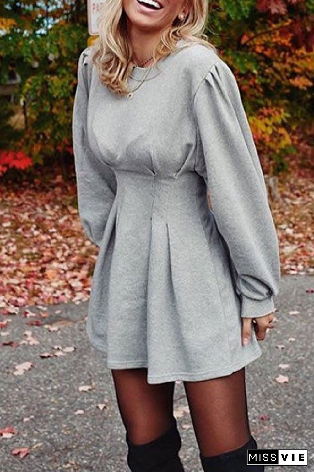 Fashion Long Sleeve Pleated Dress