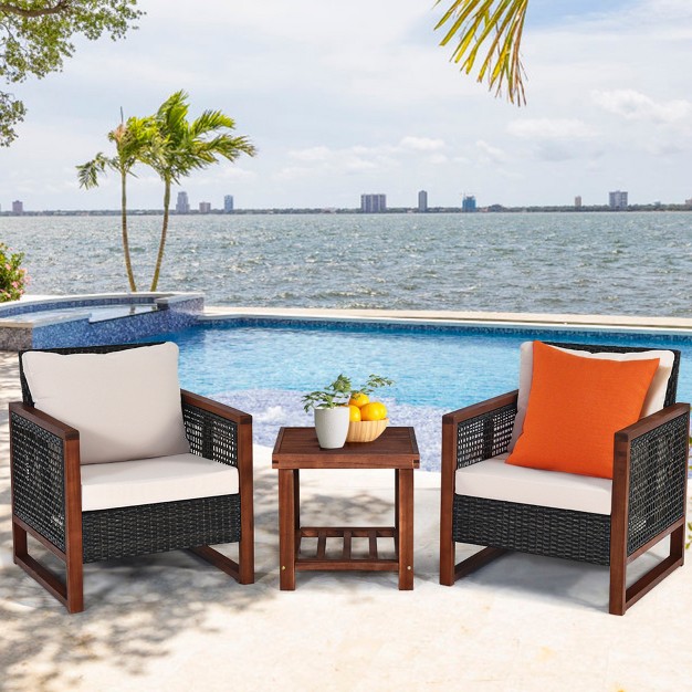 Tangkula 3 piece Patio Rattan Wicker Bistro Set Acacia Wood Frame Sofa And Side Table