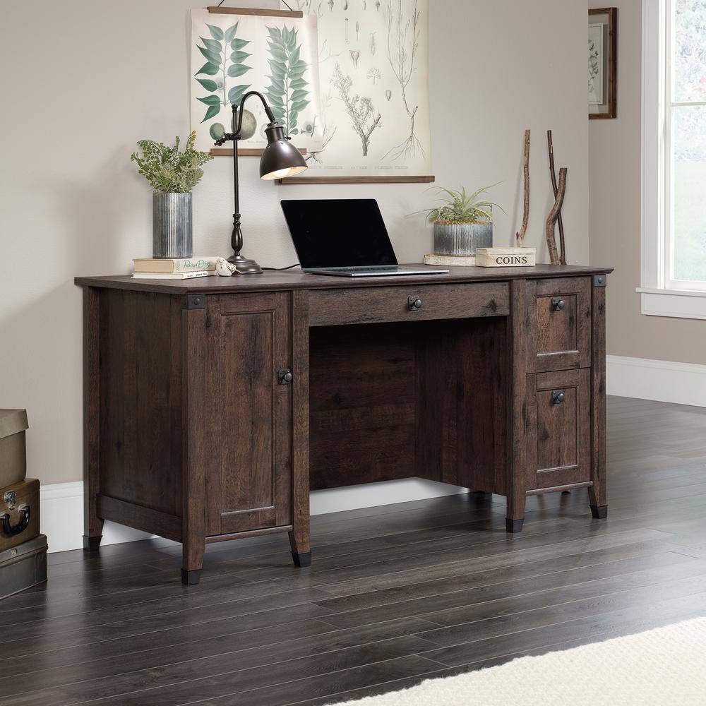 SAUDER 59 in. Rectangular Coffee Oak 3 Drawer Executive Desk with File Storage 422350