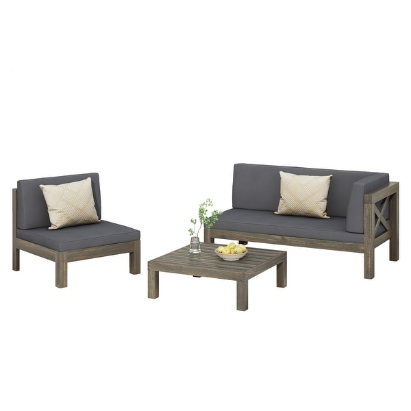 Brava Outdoor Acacia Wood Right Arm Loveseat Coffee Table and Chair Conversation Set with Cushions by Christopher Knight Home