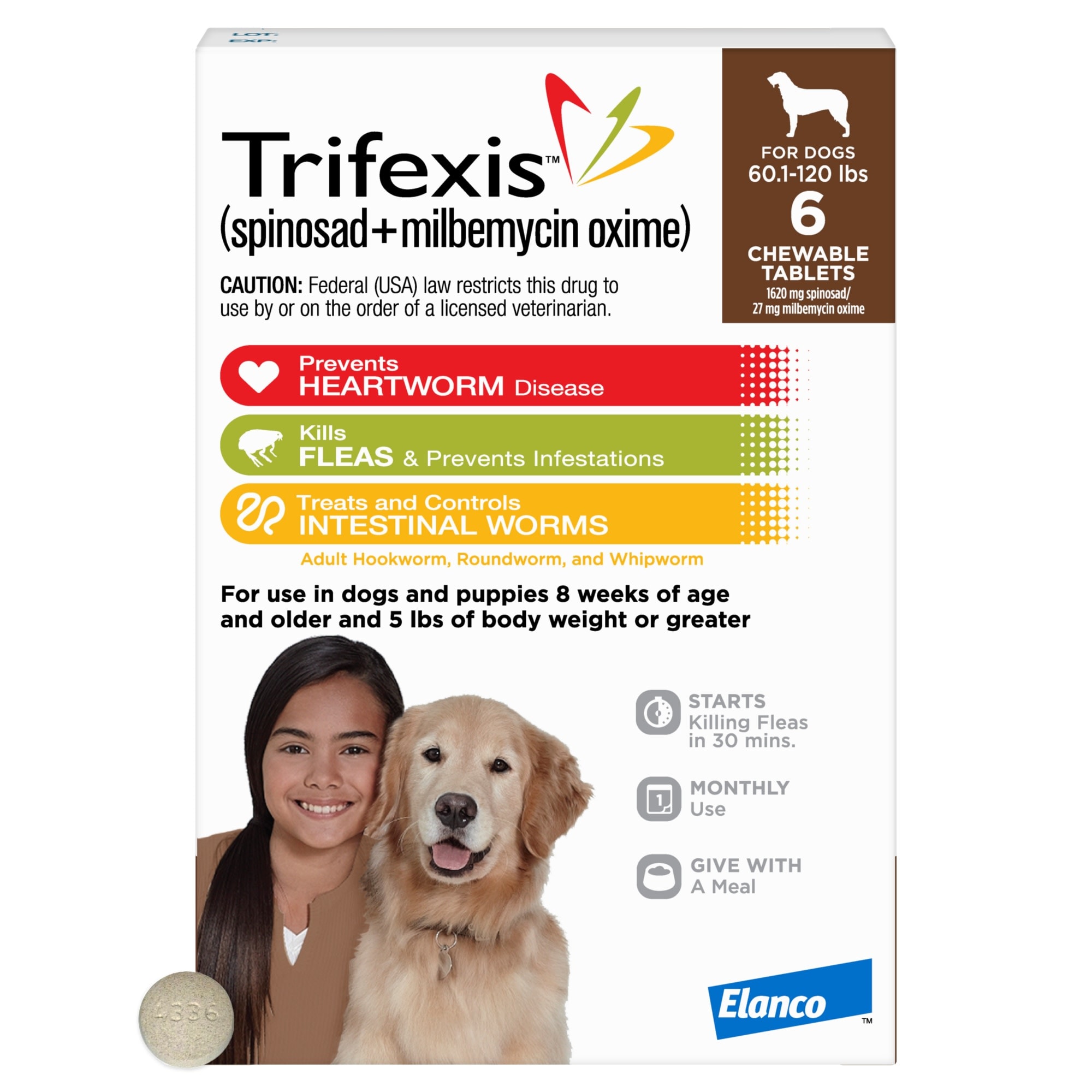 Trifexis Chewable Tablets for Dogs 60.1 to 120 lbs， 6 Month Supply