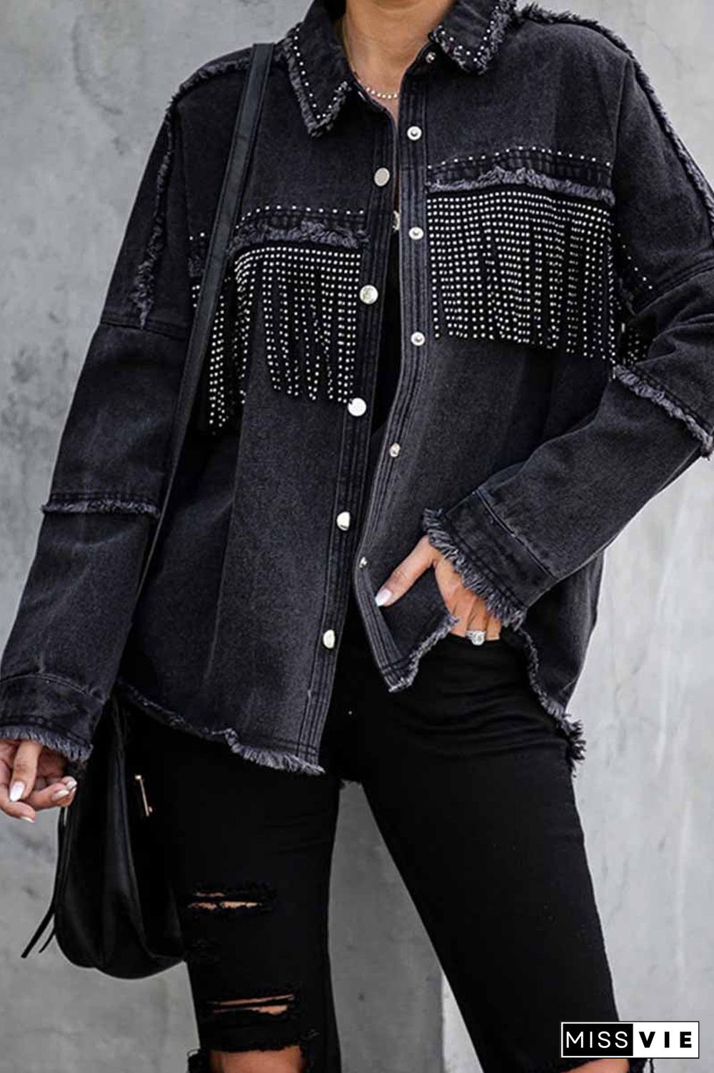 Long Sleeve Fringed Denim Jacket Tops