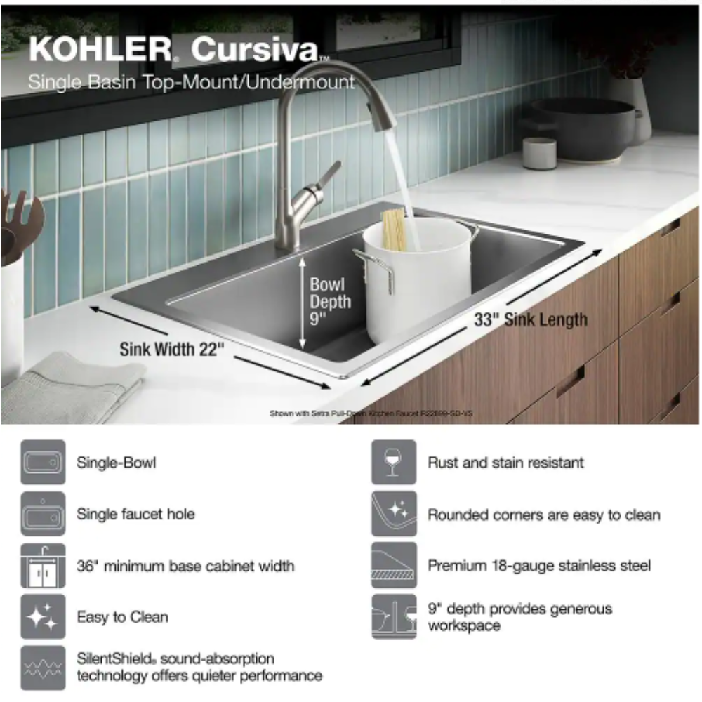 Kohler Cursiva Stainless Steel 33 in. Single Bowl Drop-in or Undermount Kitchen Sink