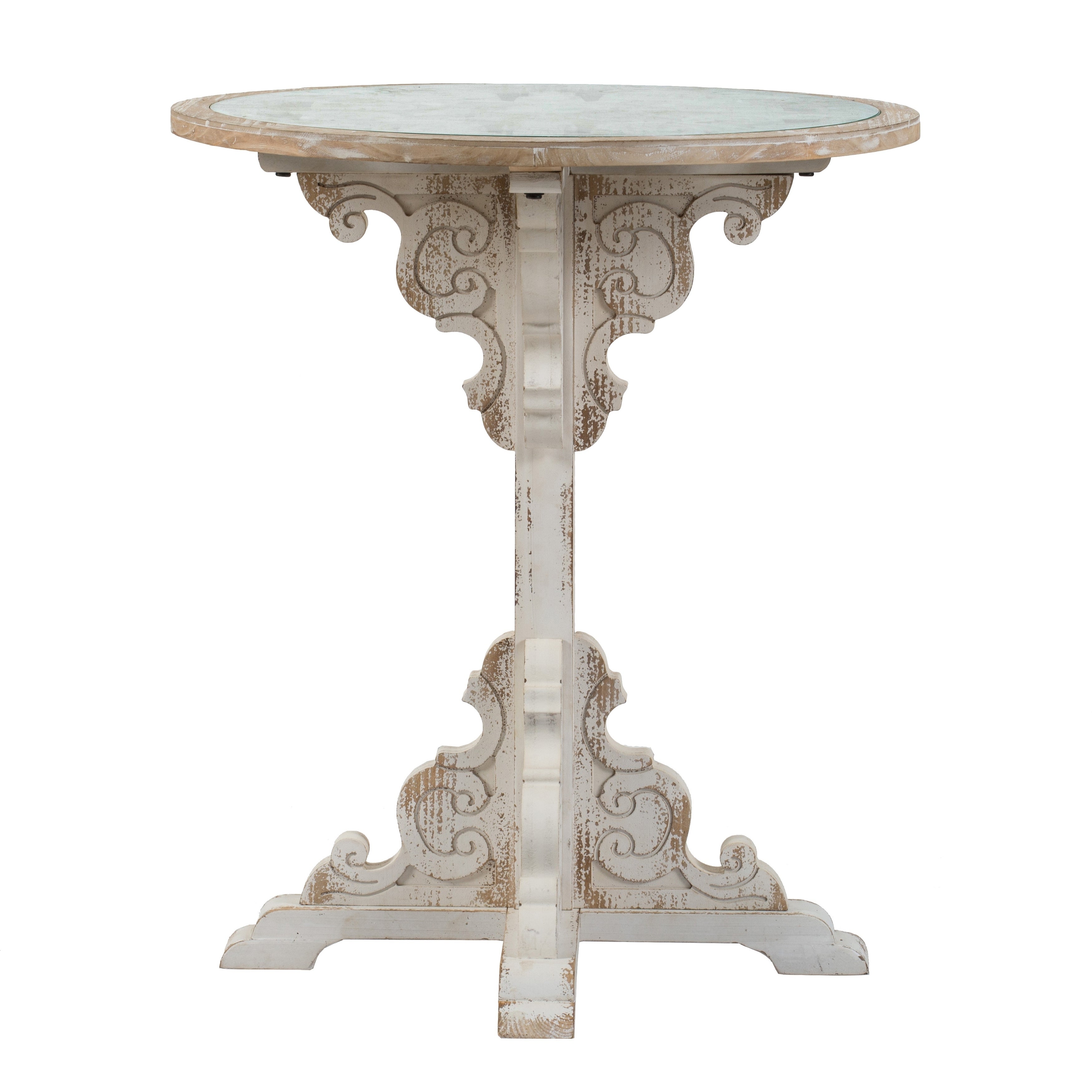 Weathered White 24-inch Wooden Carved Scrollwork Side Table