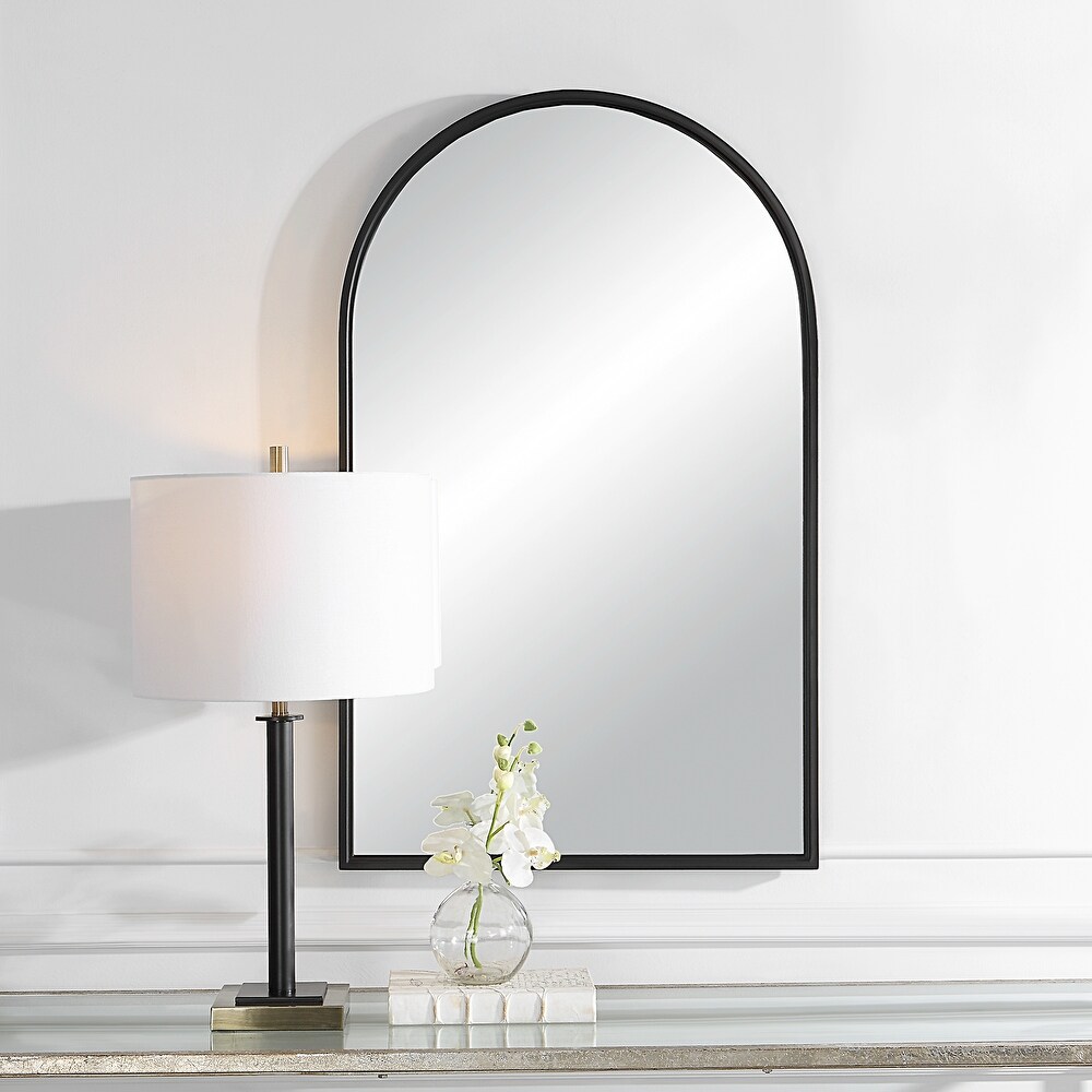 Matte Black Metal Arch Top Wall Mirror   39 x 24 x 1.38