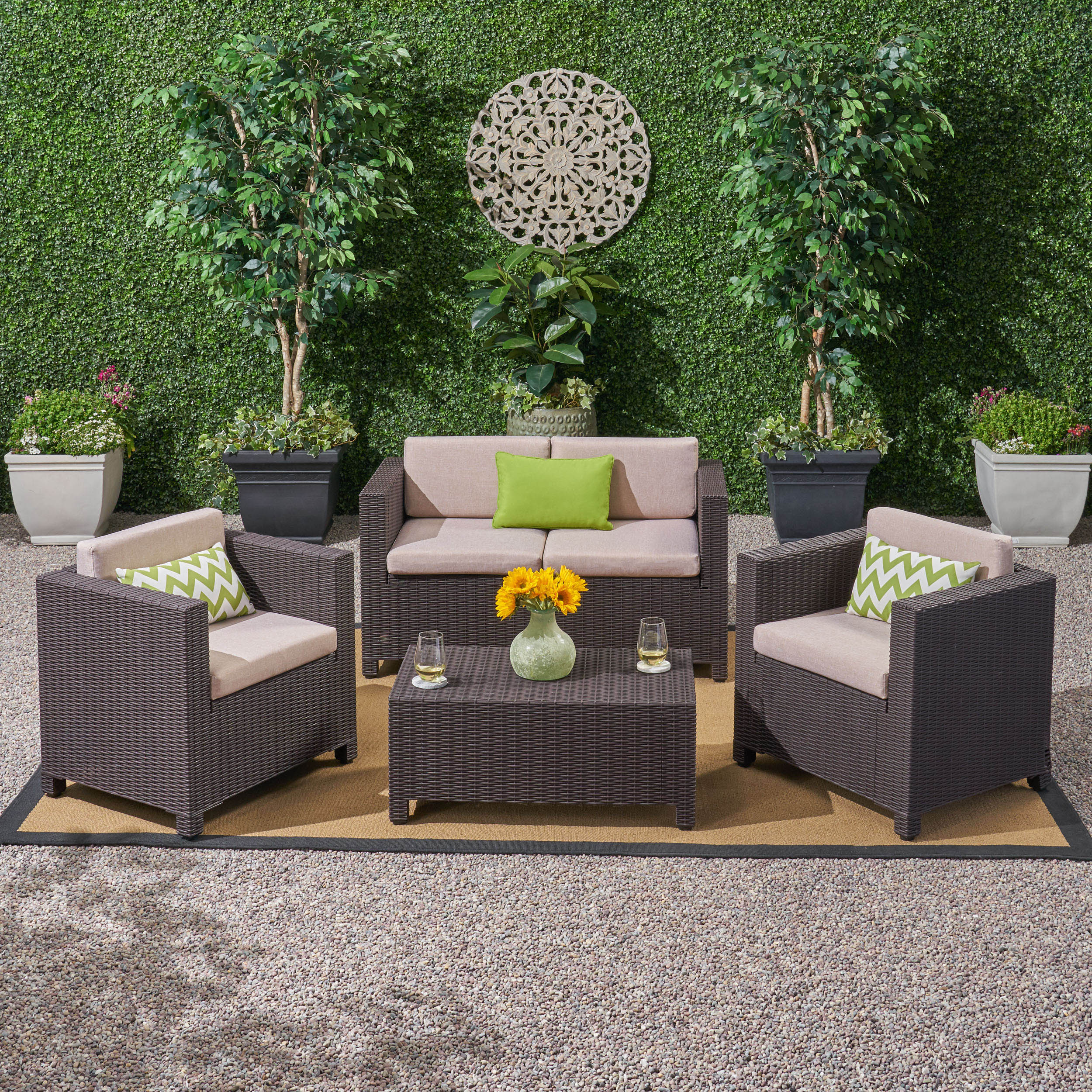 Riley Outdoor All Weather Faux Wicker 4 Seater Chat Set with Cushions