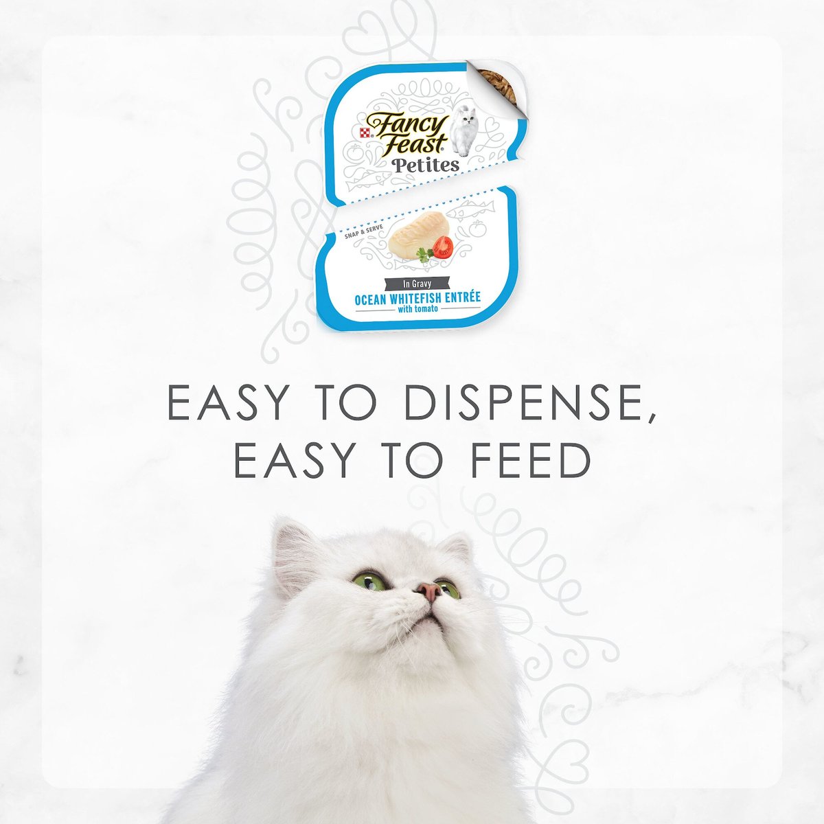 Fancy Feast Gourmet Gravy Wet Cat Food， Petites Ocean Whitefish With Tomato Entree， 2.8-oz tub， case of 12， 12 count