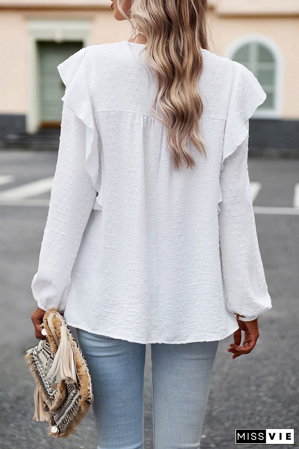 Lace Eyelet Ruffle Shoulder Long Sleeve Blouse