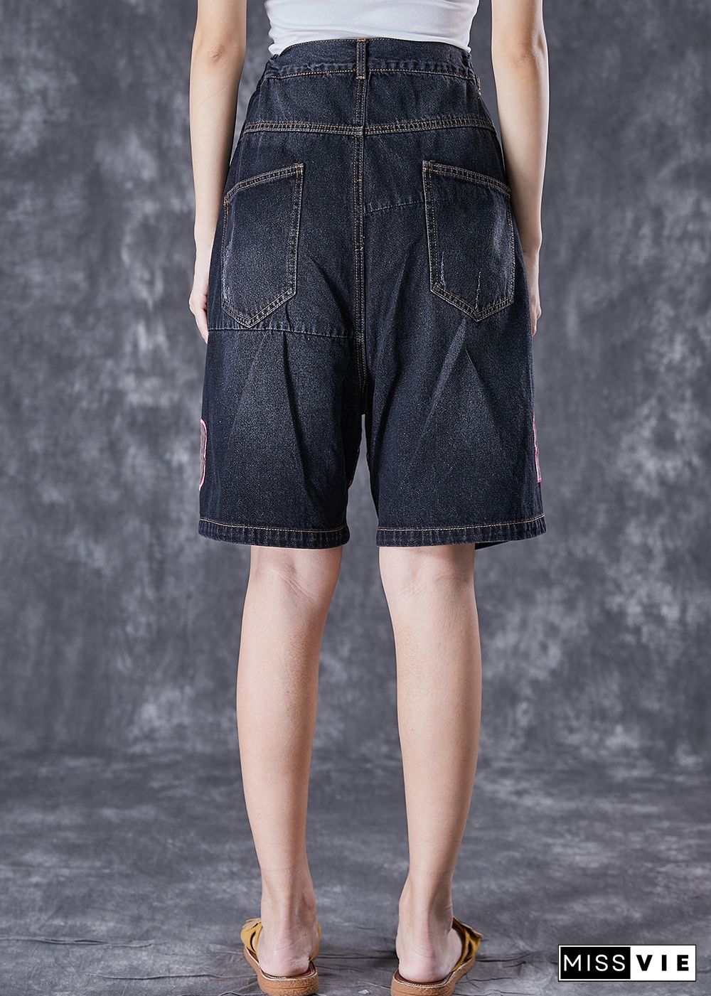 Bohemian Black Elastic Waist Embroideried Floral Denim Shorts Summer