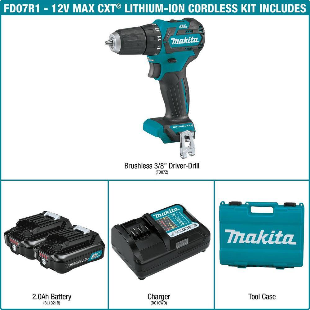 Makita 12V max CXT Lithium-Ion 38 in. Brushless Cordless Driver Drill Kit with (2) Batteries (2.0 Ah) Charger Hard Case FD07R1