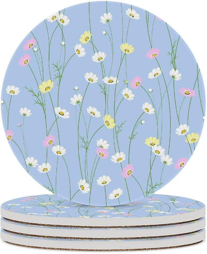 6pcs Round Little Cute Chamomile Flowers Ceramic Coasters With Cork-backed For Coffee Drink Cup Mat Absorbent Stone Coasters