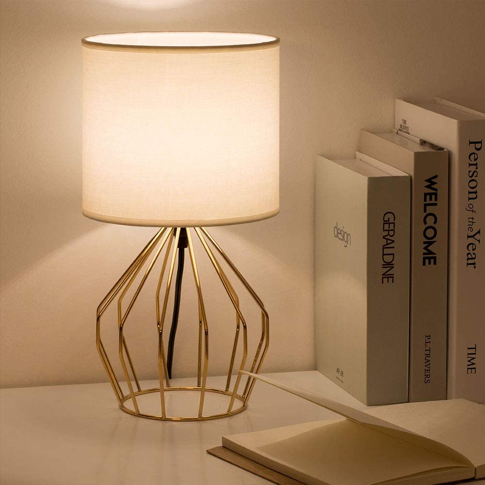 NEX Gold Bedside Table Lamps Modern with Hollow Base Fabric Shade