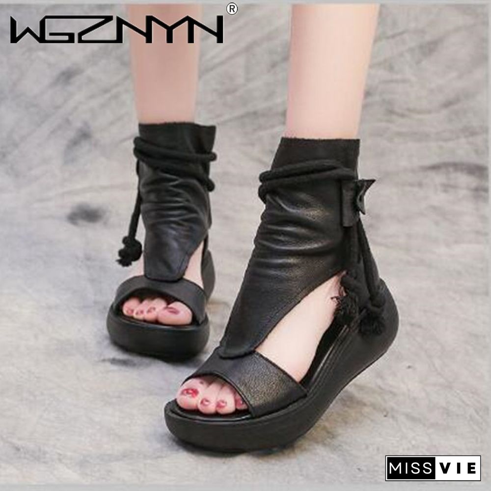 Hot New Summer Black Women Leather Sandals Cool Boots Platform Shoes Wedges Sandals Women Shoes Fashion Outdoor Sandals