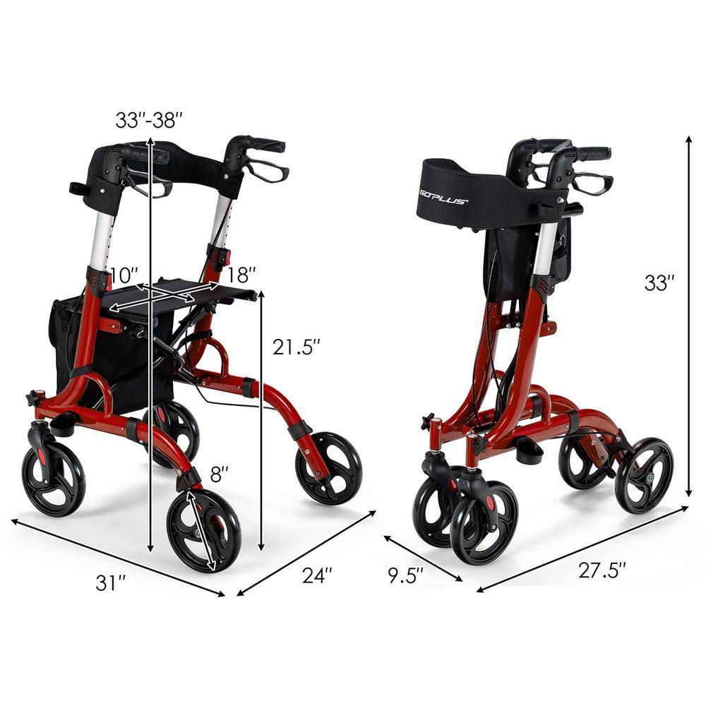 Costway 4-Wheel Walker Rollator Walker wSeat Folding Aluminum Rolling Walker w8 in. Wheels in Red JH10007RE