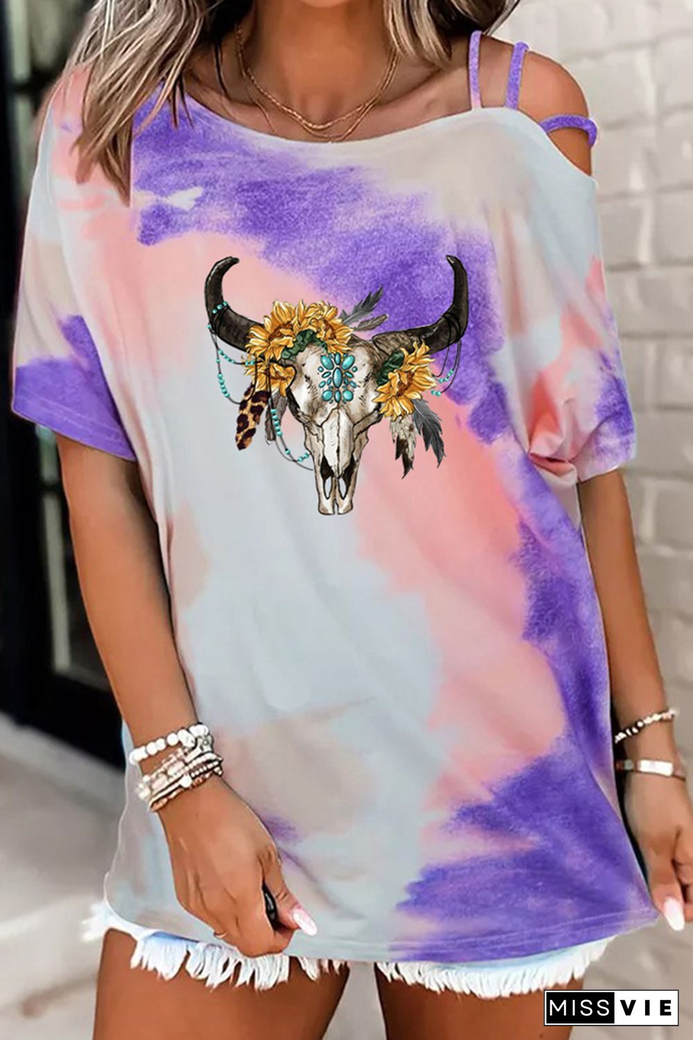 Sunflower Boho Bull Skull Graphic Tees for Women Wholesale Short Sleeve T shirts Top