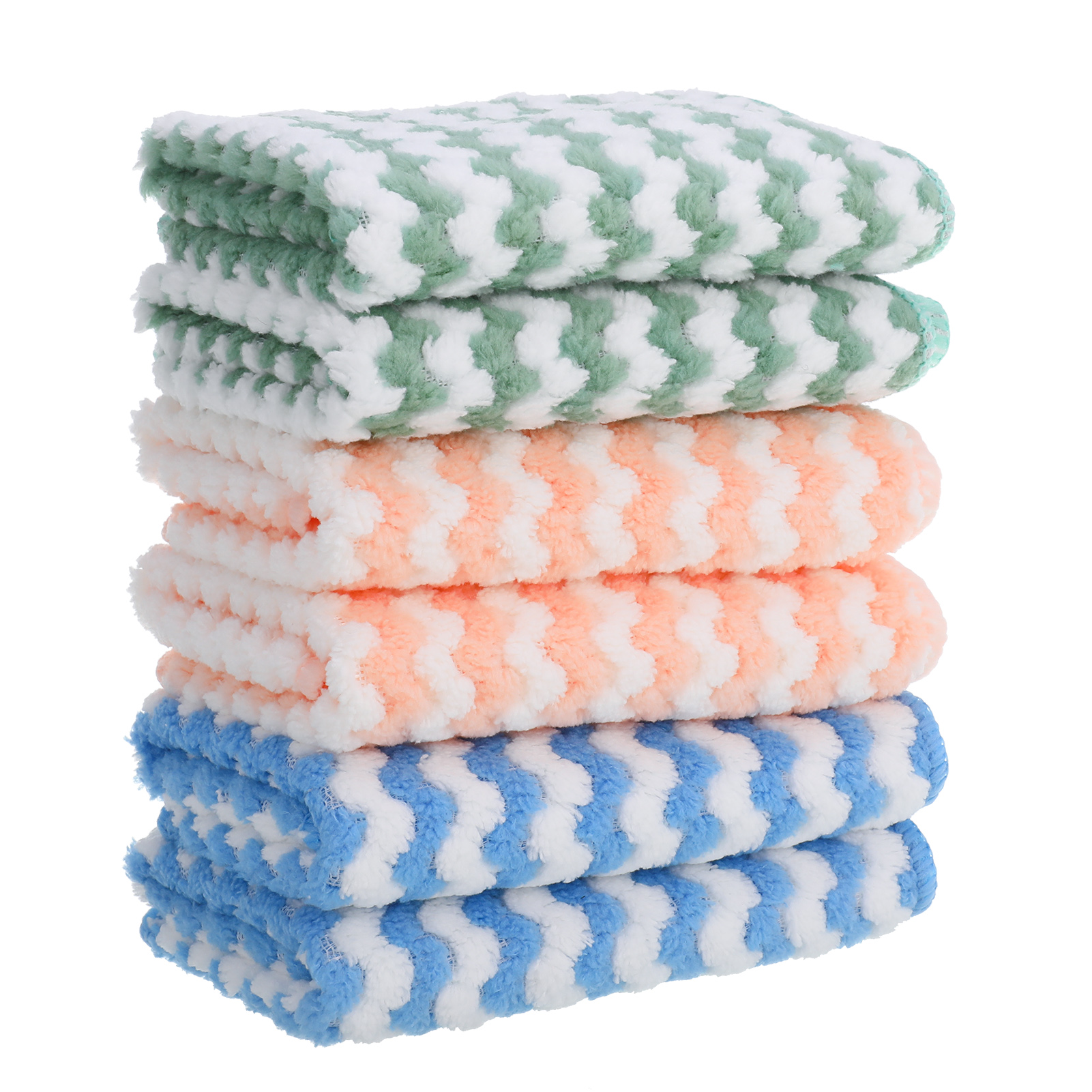 HEQUSIGNS 6Pcs Kitchen Dish Cloths， Striped Coral Velvet Towel Wipes，Reusable Super Soft and Absorbent Kitchen Dishcloths for Kitchen Bathroom and Cleaning Counters(Green，Pink，Blue)