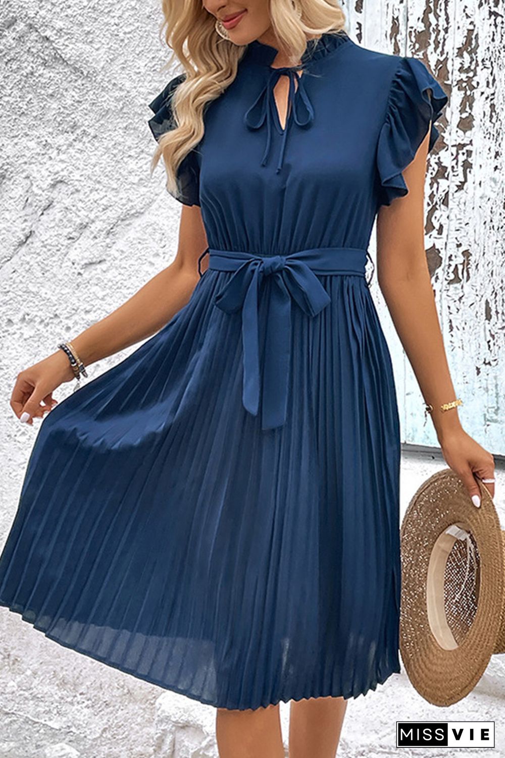 Navy V Neck Pleated Midi Dress