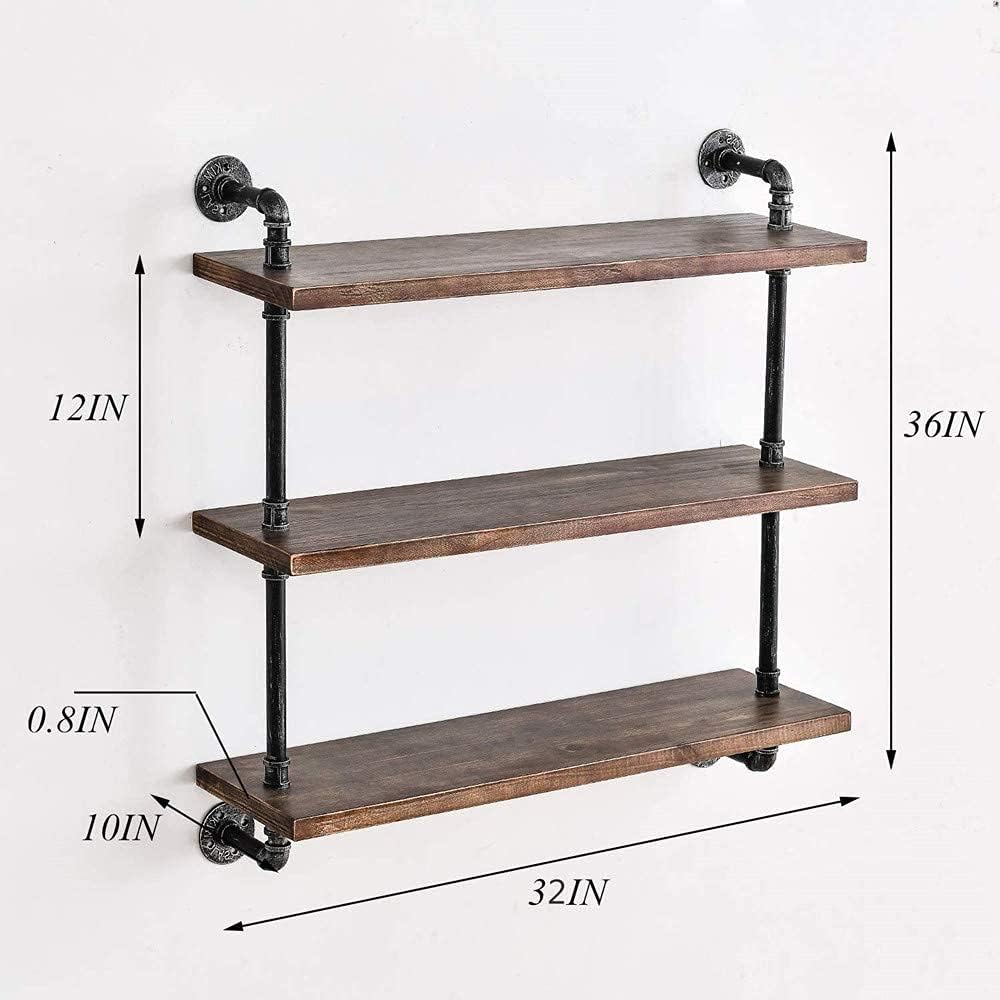 GEDUBIUBOO Industrial Pipe Shelving 3 Tiers Wall Shelf  Rustic Wall Shelf  Shelves Wall Mount Pipe Shelf Retro Bathroom Shelving (Black  32" L)