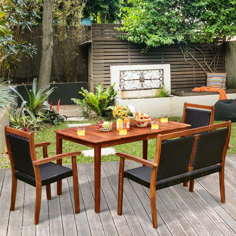 4 Pcs Rattan & Acacia Wood Outdoor Patio Dining Table Set with Loveseat & 2 Armchairs, Umbrella Hole