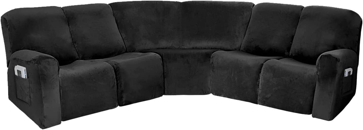 SHANNA 5 Seater Recliner Cover, 7 Piece Velvet Recliner Corner Sofa Cover, Stretch L Shape Reclining Sectional Couch Covers for 5 Cushion Sofa Slipcovers, Black