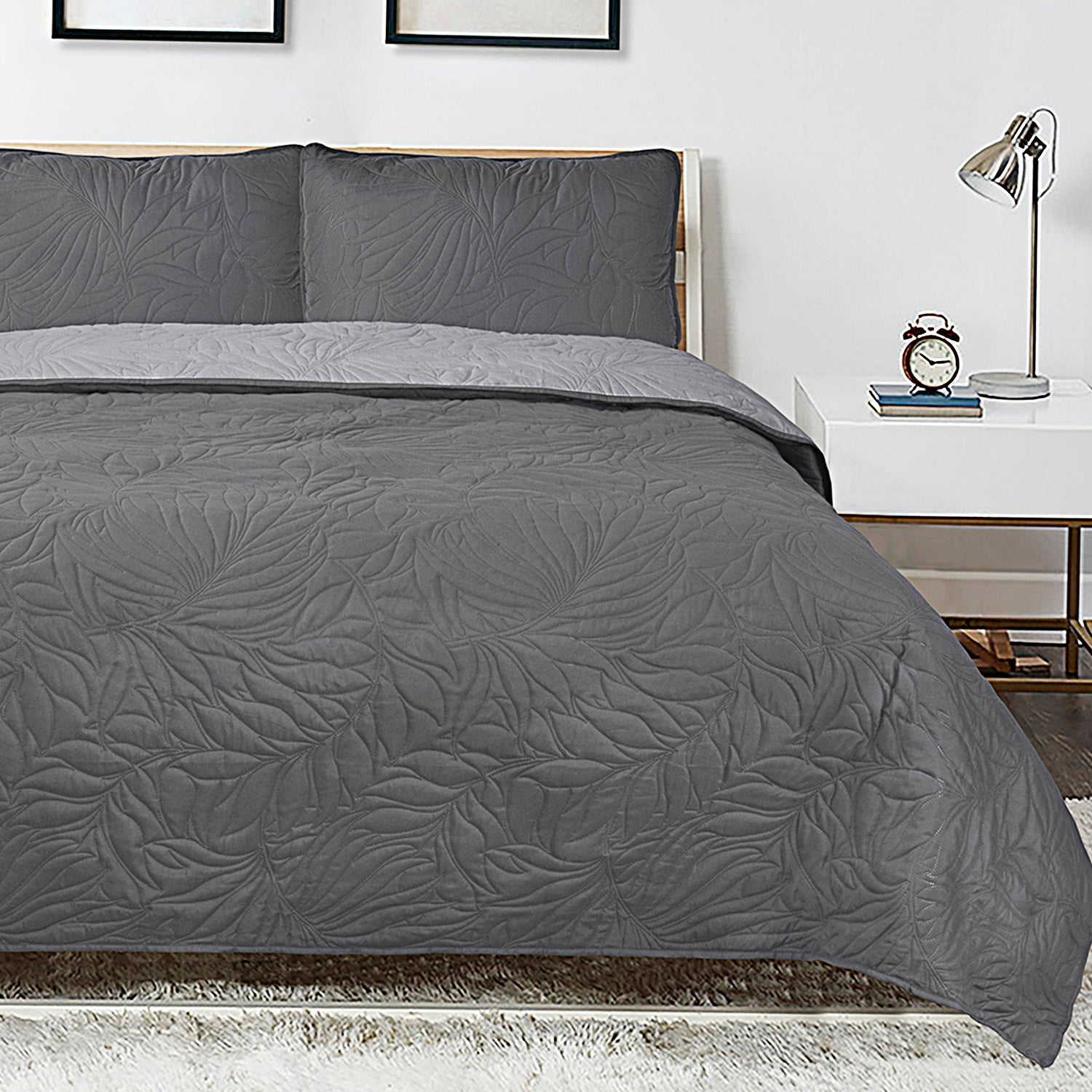 3 Piece Oversized Ultrasonic Embossed Bedspread Set with Botanical Pattern-Sophia