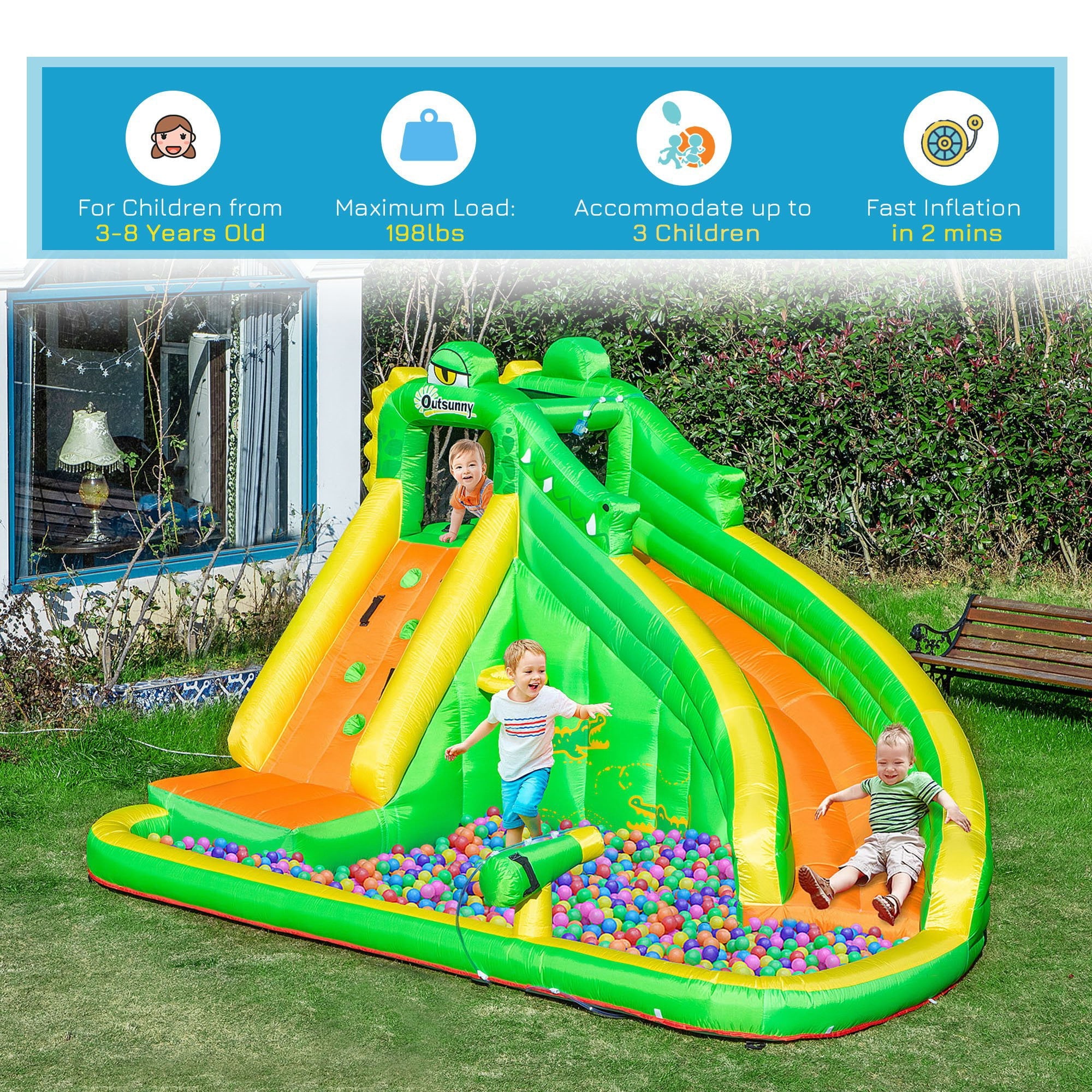 Outsunny 5 in 1 Inflatable Water Slide, Crocodile Style Water Park Bounce House Castle with Slide, Pool, Hoop, Water Cannon, Climbing Wall, Include Air Blower