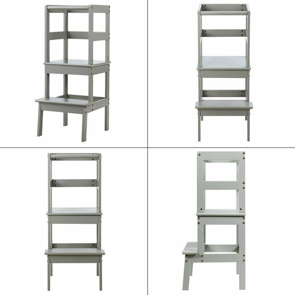 WELLFOR 2-Step Pine Wood Step Stool 330 lbs. Learning Toddler Tower with Safety Rail in Gray BB-HGY-5551GR