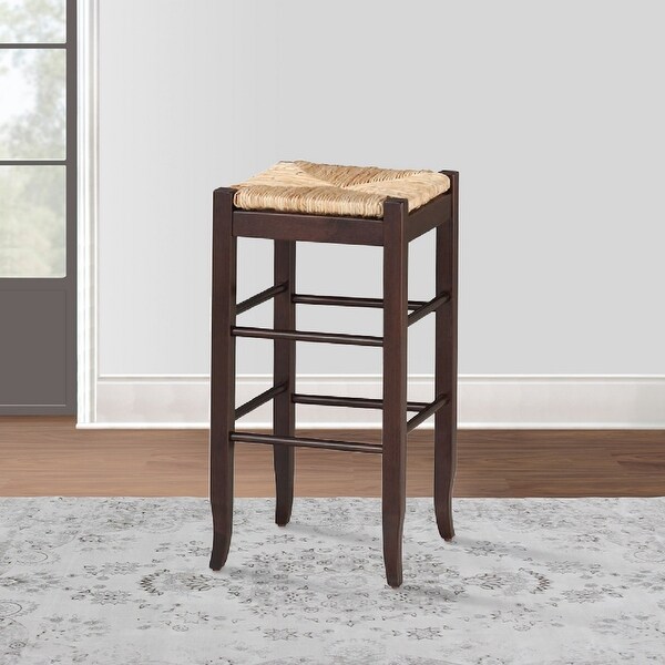 Rush Woven Wooden Frame Barstool with Saber Legs， Beige and Dark Brown