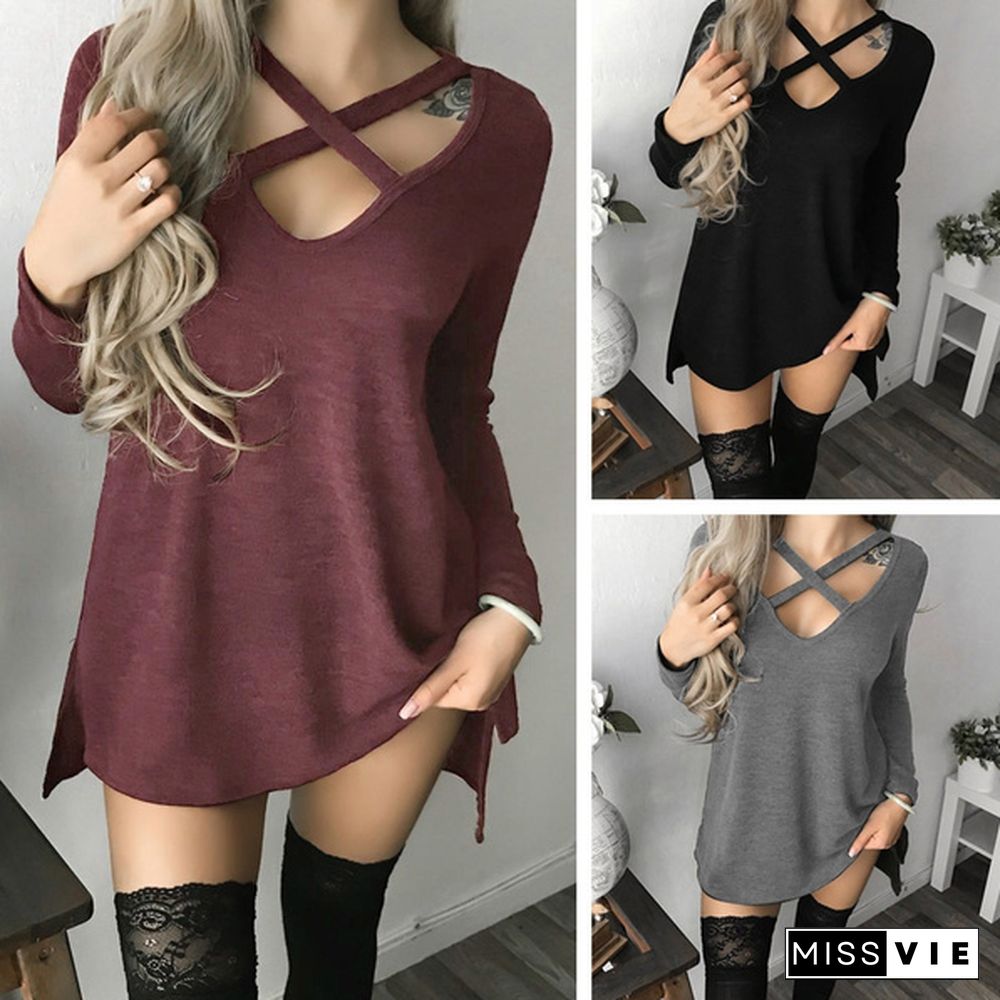 Women Spring Summer Fashion Long Sleeve Tops Black Casual Knitted Sweater Dresses Ladies Fashion Loose Mini Dress Pure Color Cotton Shirt Sexy Deep V-Neck Slim Fit Waist Bodycon Club Wear Knit Slit Party Robe Chic FemmeT-shirt