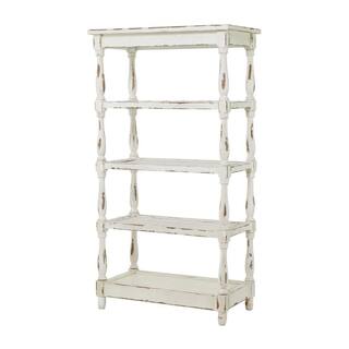 Litton Lane 5 Shelf Wood Stationary White Distressed Open Shelving Unit with Spindle Sides and Mesh 44419