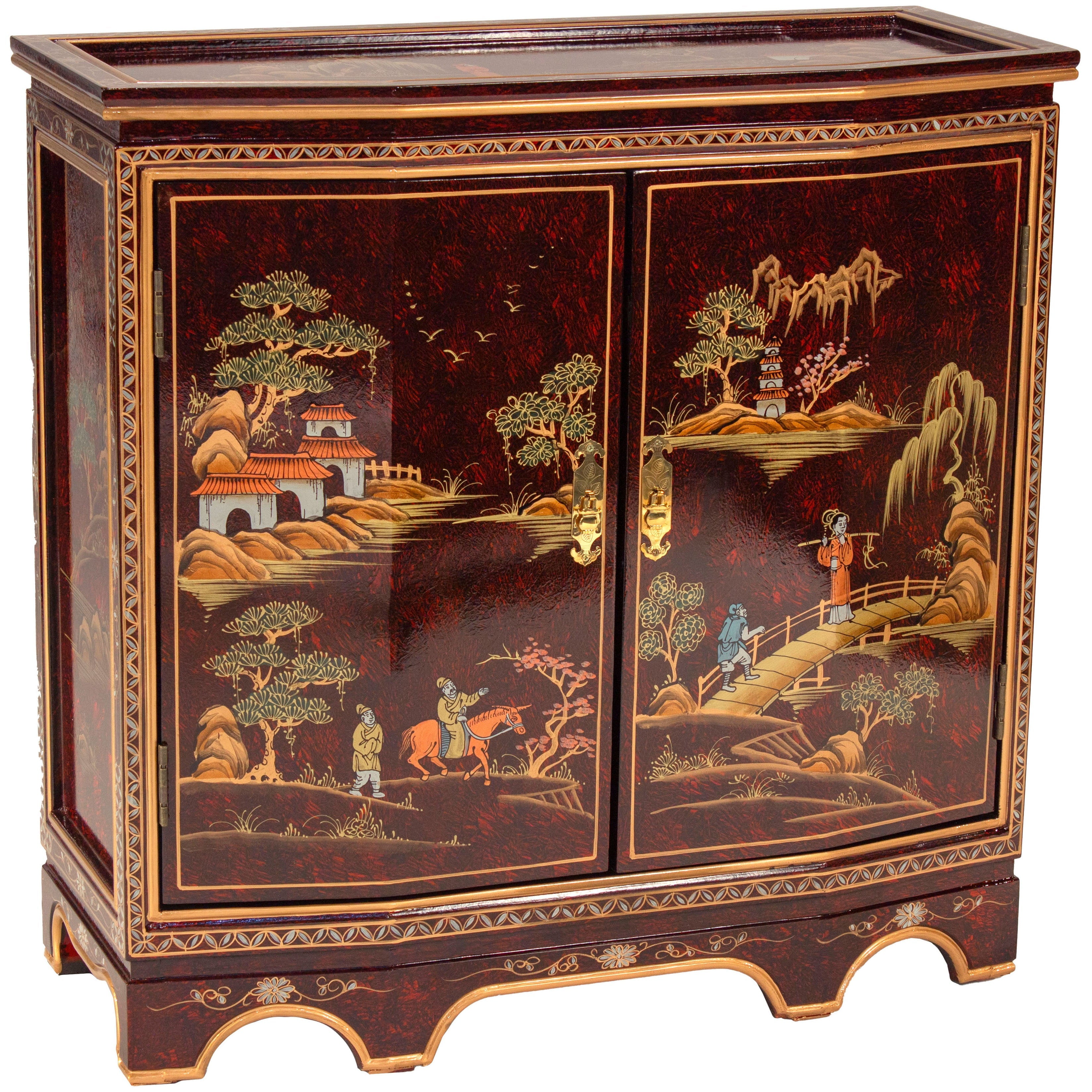 Oriental Furniture Red Lacquer Slant Sideboard - Landscape