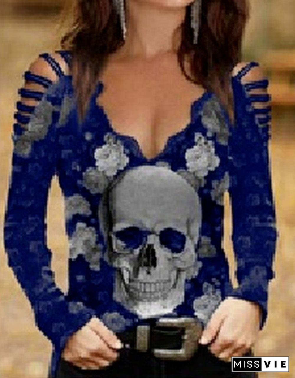 Fashion Women's V-neck Skull & Flower Print T-shirt Gothic Hollow Long Sleeve Tops Plus Size XS-5XL