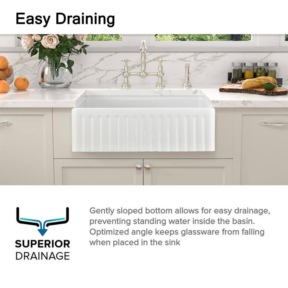 PROOX White Fireclay 33 in. Single Bowl Farmhouse Apron Kitchen Sink with Bottom Grid and Basket Strainer PRCASRX8280WH