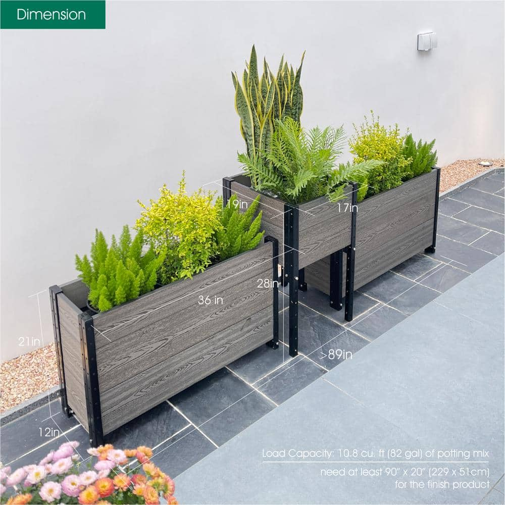 EverBloom Planter 17 in. D x 28 in. H x 91 in. W Grey and Black Composite Board and Steel Corner and 2-Trough Bundle K2219G