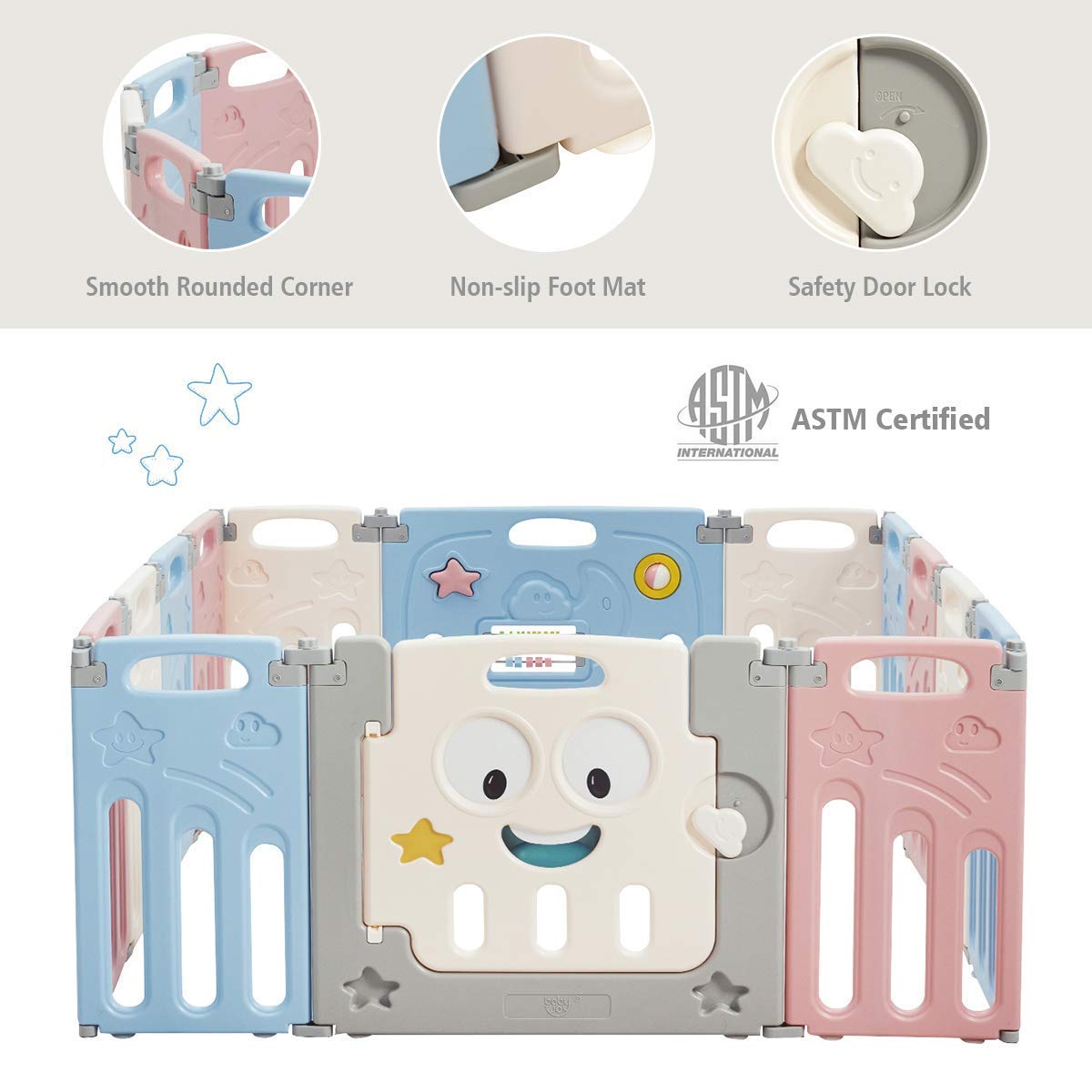 Costzon Foldable Baby Playpen, 14/16-Panel Baby Play Yards with Lock Door & Anti-Slip Rubber Bases